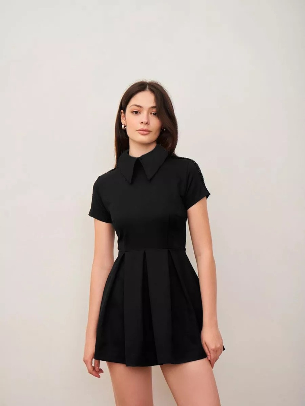 FRNCH Black Pleated Mini Dress with Pointed Collar NWT Sz Med